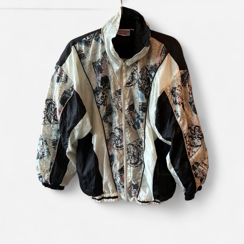 Vintage Center Aisle Sport Floral Black‎ & White Nylon Bomber Hacket Sz M